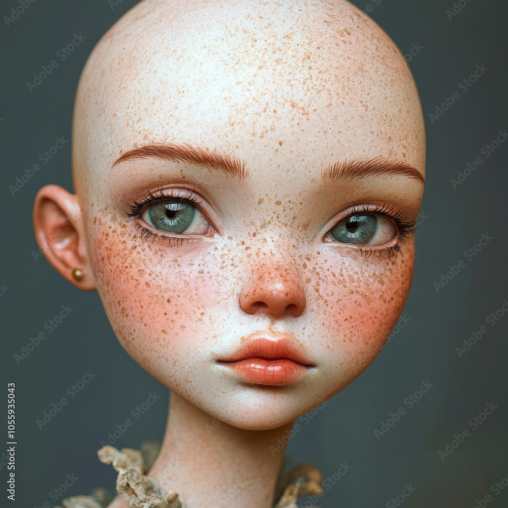 A bald girl with freckles and a squint eye stands confidently, her unique features shining in the sunlight, radiating strength and charm. A bald girl with freckles and a squint eye stands confidently, her unique features shining in the sunlight, radiating strength and charm.