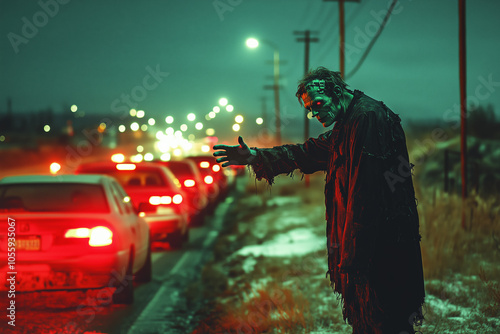 Frankenstein's Monster Hitchhiking on Busy Night Road: Night scene of creature hitchhiking along a bustling road. Ideal for Halloween, horror, or supernatural art themes.