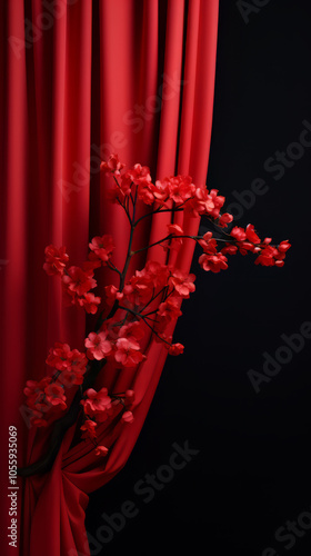 red curtain with a branch of blossom, minimal podium, surrealistic, 4k, --ar 9:16 --v 5.2 Job ID: f74f495e-0611-4007-842d-9c08d4490850