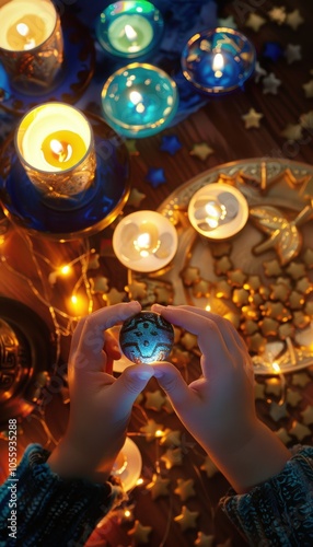 Hanukkah Celebration: Child Playing Dreidel Amidst Candles and Gelt for Festive Cheer photo