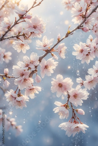 Cherry Blossom Branches with Dewdrops in Soft Spring Light