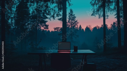 Outdoor office setup in forest at twilight with laptop on desk photo