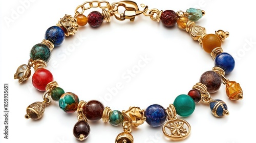 Mutelu charm bracelet with colorful stones and protective symbols, each charm representing a blessing, laid flat for a detailed view