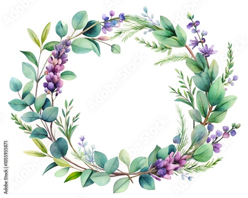 watercolor eucalyptus leaves and purple lavender frame 