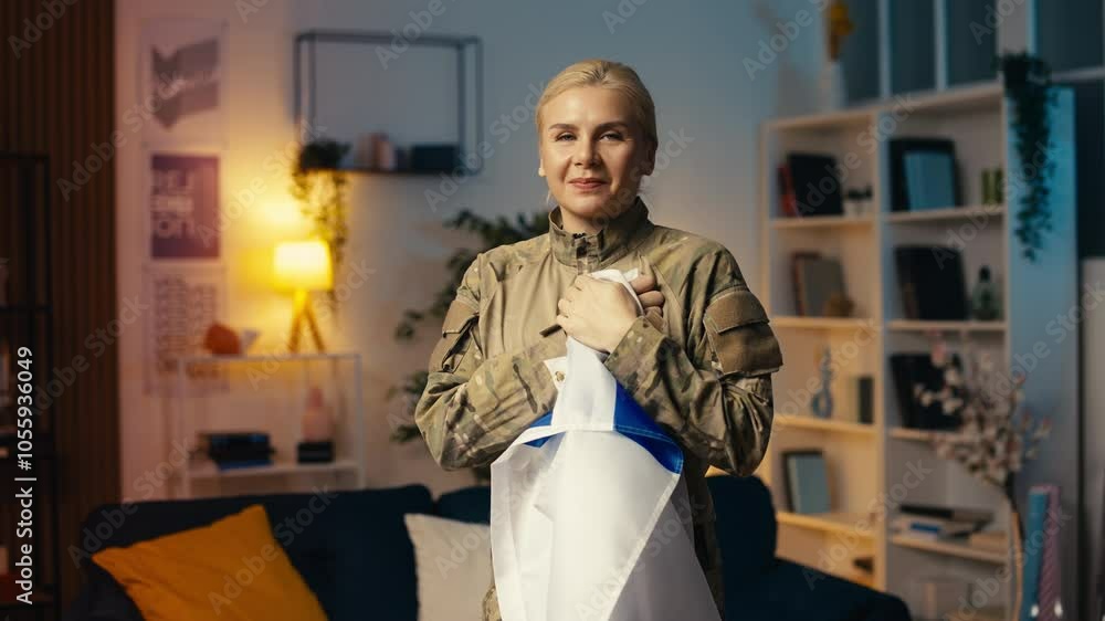 Proud military woman holding flag of Israel, country patriot, national symbol Proud military woman holding flag of Israel, country patriot, national symbol