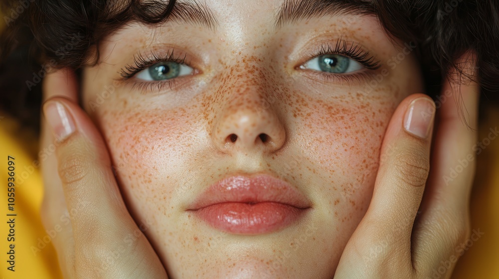 Close-up portrait of a young woman with freckles and green eyes, her hands gently resting on her cheeks. Close-up portrait of a young woman with freckles and green eyes, her hands gently resting on her cheeks.