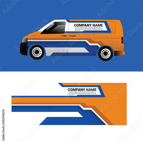 A van with a blue, orange, and white wrap sticker design. The side of the van features the company name and logo.
