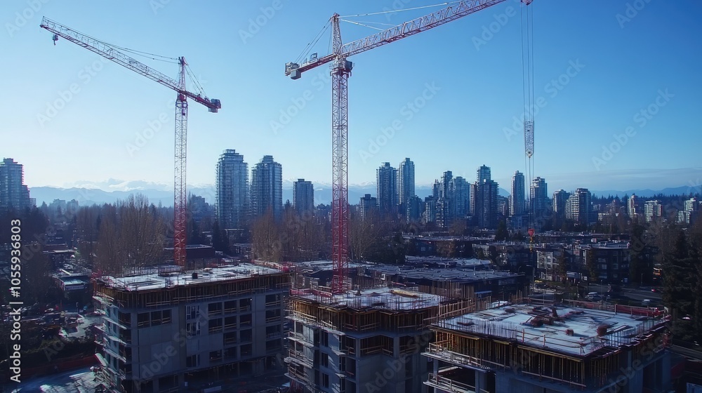 Tower cranes lifting beams at a modern construction site with cityscape in the background, showing urban development Tower cranes lifting beams at a modern construction site with cityscape in the background, showing urban development
