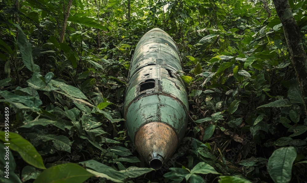 A green missile, half-buried in jungle foliage. A green missile, half-buried in jungle foliage.