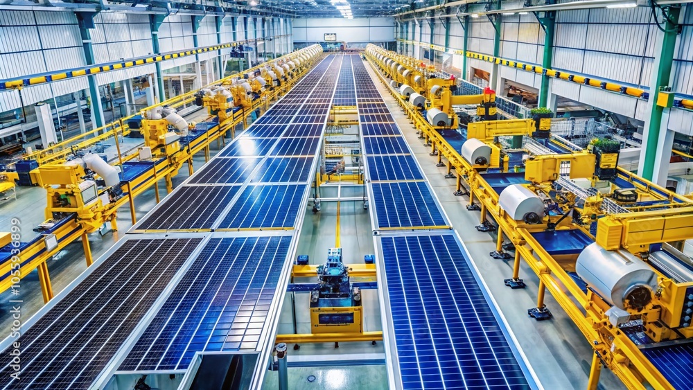 Solar Panel Production Line with Robot Arms in Modern Factory Setting Solar Panel Production Line with Robot Arms in Modern Factory Setting