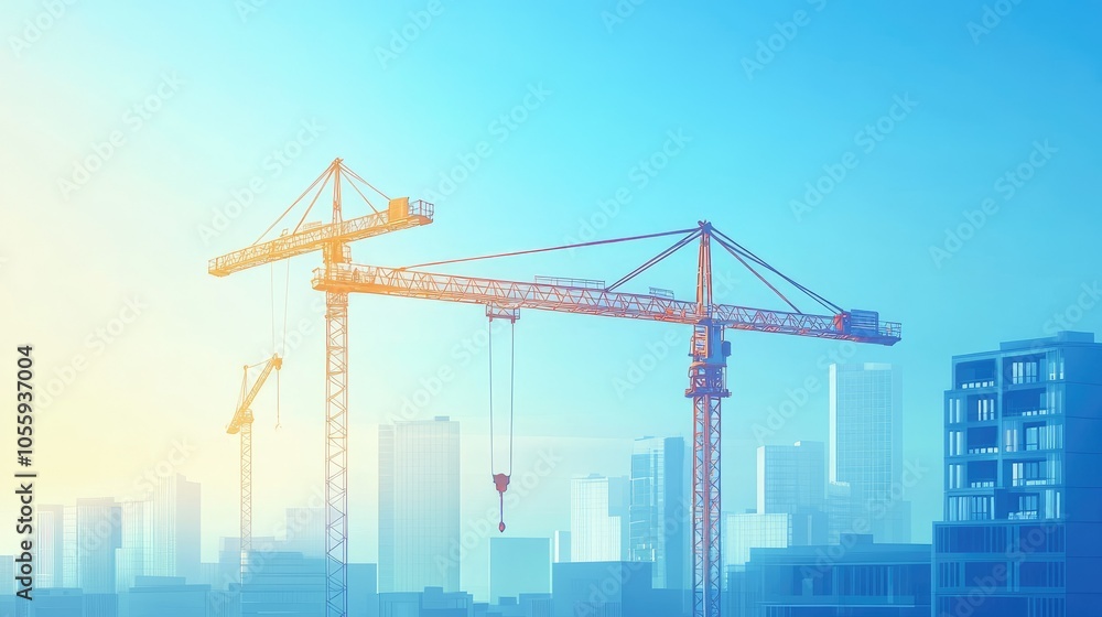 Tower cranes working against a clear blue sky, with cityscape and tall buildings in the background, showing urban development Tower cranes working against a clear blue sky, with cityscape and tall buildings in the background, showing urban development