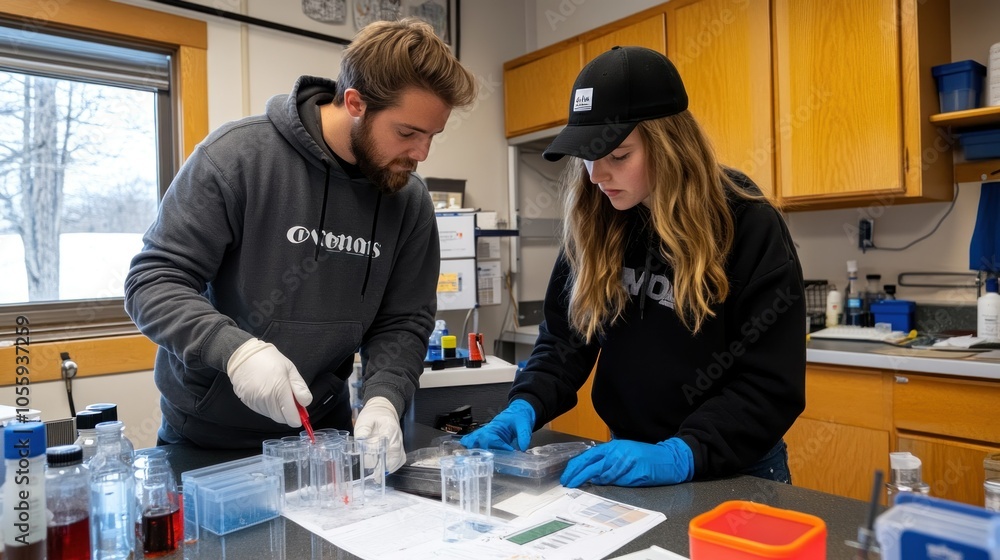 Two people in a lab setting working with clear plastic containers and a red pipette. Two people in a lab setting working with clear plastic containers and a red pipette.