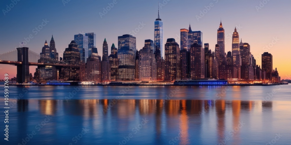 Obraz premium New York City skyline, Manhattan, iconic skyscrapers, Freedom Tower, sunset, golden hour, East River, city lights, reflections on water, urban landscape, panoramic view, cityscape, dusk, illuminated b