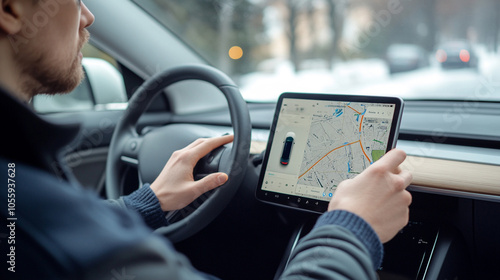  photo of a young man using navigator in electric car.