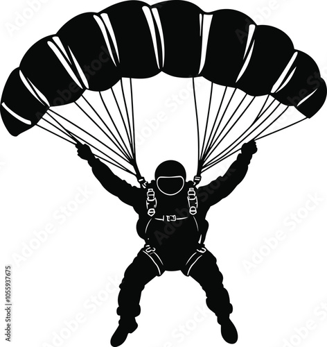 Paratrooper Landing Silhouette, Military Parachute Silhouette, Vector Illustration