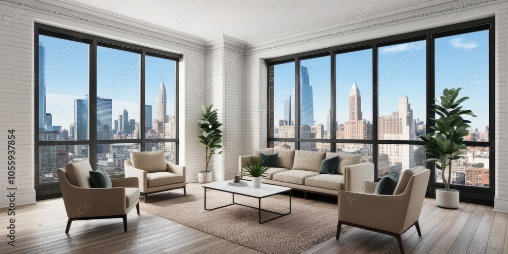 Fototapeta premium Modern loft apartment, floor-to-ceiling windows, panoramic city skyline view, minimalist interior design, white brick walls, hardwood floors, contemporary furniture, potted plants, natural light, open