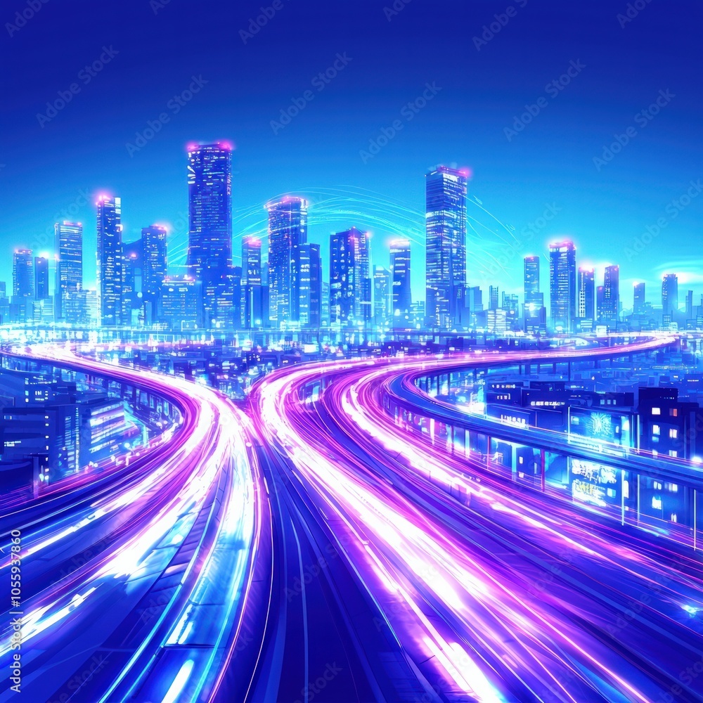 Fototapeta premium Vibrant Cityscape at Night with Illuminated Roads and Skyscrapers in Motion