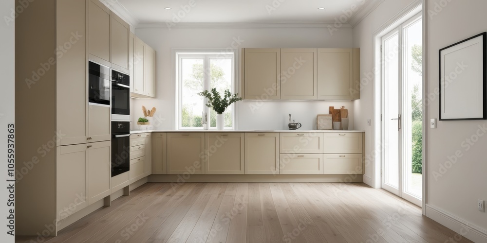 Fototapeta premium Modern minimalist kitchen, light wood cabinets, white subway tile backsplash, stainless steel appliances, large windows, natural light, neutral color palette, sleek design, open concept, clean lines,