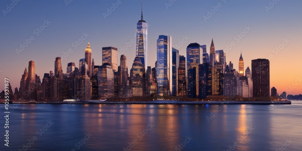Fototapeta premium New York City skyline, Manhattan, iconic skyscrapers, Freedom Tower, sunset, golden hour, East River, city lights, reflections on water, urban landscape, panoramic view, cityscape, dusk, illuminated b