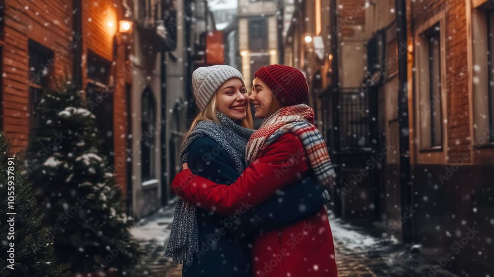 A Joyful Winter Reunion: Heartfelt Embrace of Two Loving Women Amidst a Cozy, Snowy Setting Celebrating Love and Connection A Joyful Winter Reunion: Heartfelt Embrace of Two Loving Women Amidst a Cozy, Snowy Setting Celebrating Love and Connection