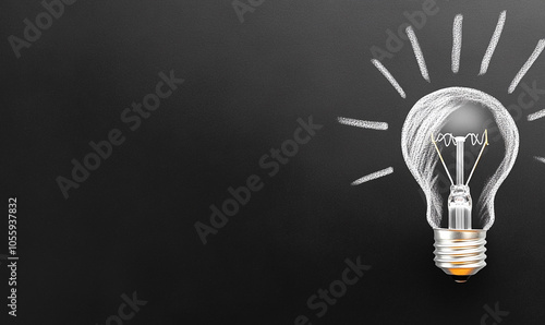  Light bulb drawn with white chalk on a clean blackboard background. Idea concept.