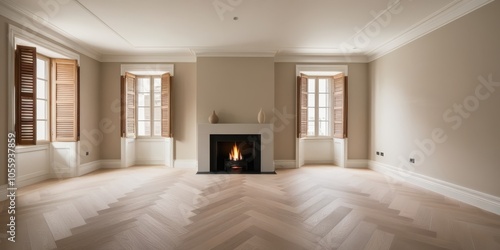 Empty elegant room, herringbone wood flooring, ornate moldings, white walls, fireplace, high ceilings, large windows, natural light, minimalist interior, classical architecture, spacious, clean lines,