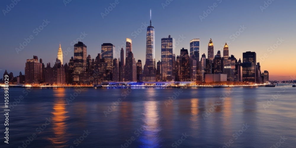 New York City skyline, Manhattan, iconic skyscrapers, Freedom Tower, sunset, golden hour, East River, city lights, reflections on water, urban landscape, panoramic view, cityscape, dusk, illuminated b New York City skyline, Manhattan, iconic skyscrapers, Freedom Tower, sunset, golden hour, East River, city lights, reflections on water, urban landscape, panoramic view, cityscape, dusk, illuminated b