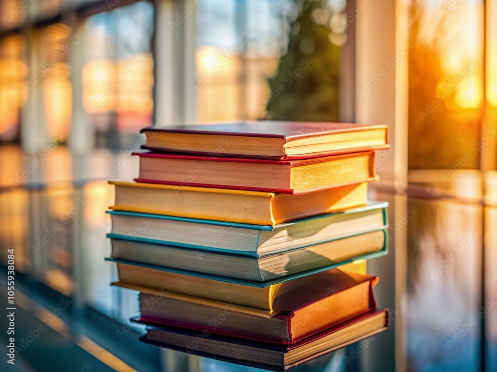 Fototapeta premium Stack of Colorful Reading Books on a Glass Table - Macro Photography for Cozy Home Library Vibe
