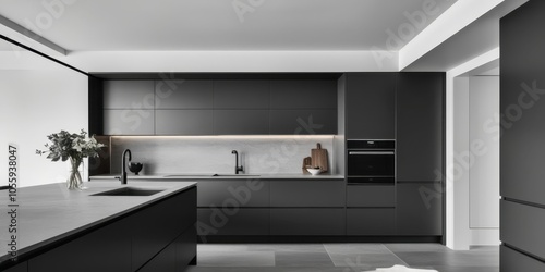 Modern minimalist kitchen, black cabinetry, white countertops, sleek appliances, large window, natural light, open concept, monochromatic design, architectural lighting, high-end finishes, clean lines