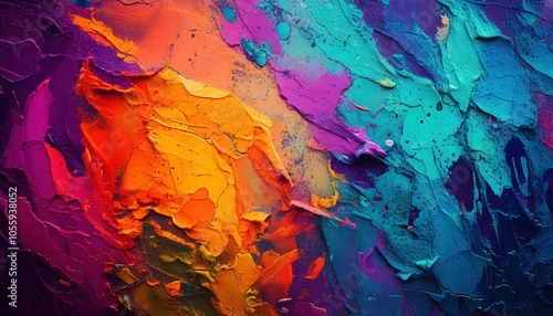 Vibrant cracked paint texture with a colorful gradient of colors as background.