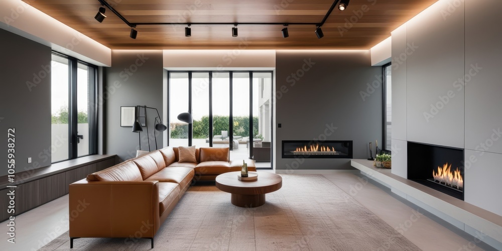 Modern minimalist living room, large windows with mountain view, leather sectional sofa, wood ceiling beams, gray walls, sleek fireplace, round coffee table, mid-century modern armchair, natural light Modern minimalist living room, large windows with mountain view, leather sectional sofa, wood ceiling beams, gray walls, sleek fireplace, round coffee table, mid-century modern armchair, natural light