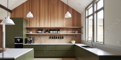 Modern kitchen design, green cabinetry, wooden accent wall, minimalist aesthetic, open shelving, integrated appliances, large window, natural light, sleek countertops, contemporary lighting, muted col photo