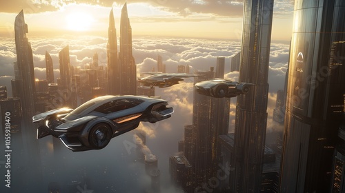 3D Smart cars flying in futuristic city, soft sunnlight glowing, future concept illustration photo