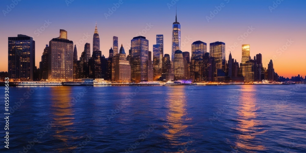 Obraz premium New York City skyline, Manhattan, iconic skyscrapers, Freedom Tower, sunset, golden hour, East River, city lights, reflections on water, urban landscape, panoramic view, cityscape, dusk, illuminated b