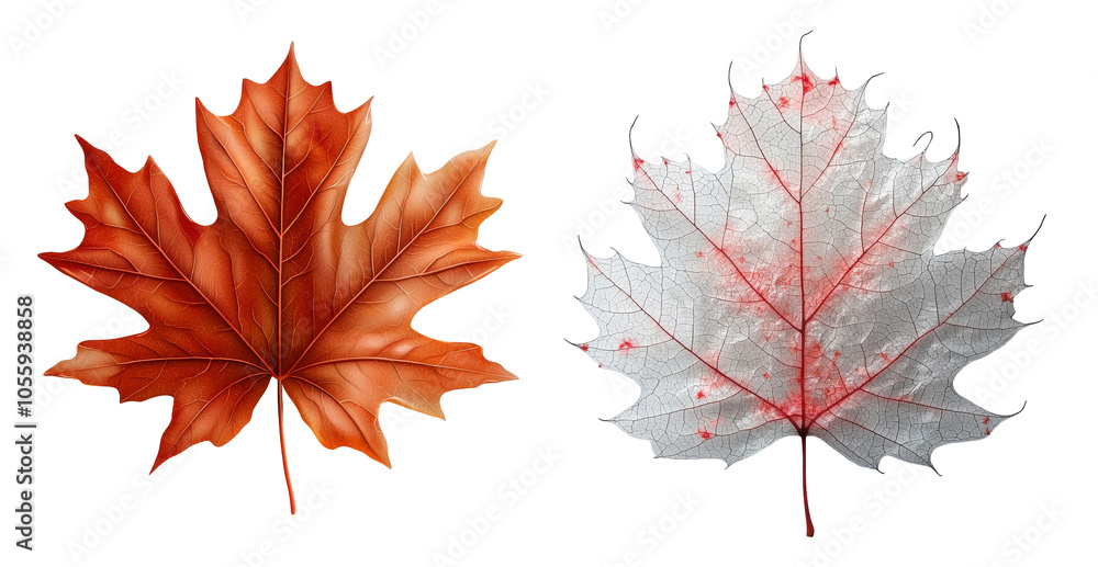 Autumn maple leaves contrast, vibrant orange, frosty white, intricate veins, seasonal transition, natural beauty. Isolated on white background or PNG Autumn maple leaves contrast, vibrant orange, frosty white, intricate veins, seasonal transition, natural beauty. Isolated on white background or PNG