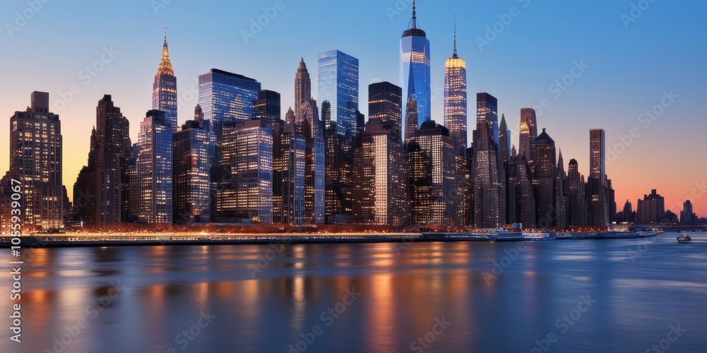 Obraz premium New York City skyline, Manhattan, iconic skyscrapers, Freedom Tower, sunset, golden hour, East River, city lights, reflections on water, urban landscape, panoramic view, cityscape, dusk, illuminated b