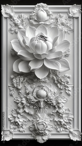 White lotus flower relief on a decorative background, isolated on a black backdrop. photo