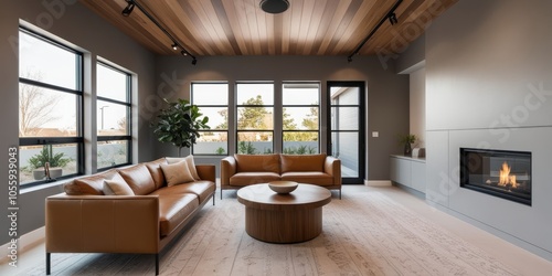 Modern minimalist living room, large windows with mountain view, leather sectional sofa, wood ceiling beams, gray walls, sleek fireplace, round coffee table, mid-century modern armchair, natural light