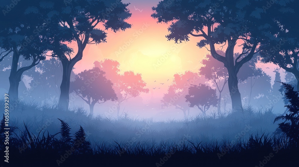 Silhouetted Trees and a Misty Sunrise in a Forest Silhouetted Trees and a Misty Sunrise in a Forest