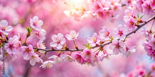 Pink cherry blossom branches with delicate pink and white flowers in full bloom, outdoor, cherry blossoms, pink