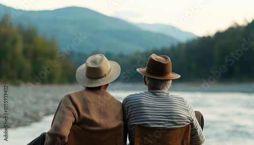 Two elderly men relaxed by a river, enjoying nature and each other's company under calm mountains.