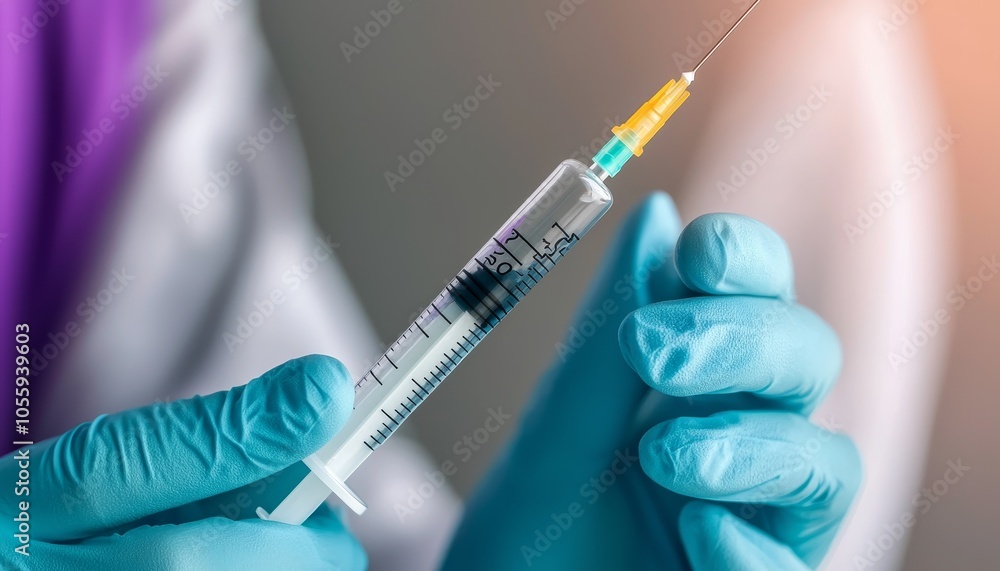 A close-up of a syringe held by a gloved hand, ready for vaccination. A symbol of medical care and health protection. A close-up of a syringe held by a gloved hand, ready for vaccination. A symbol of medical care and health protection.