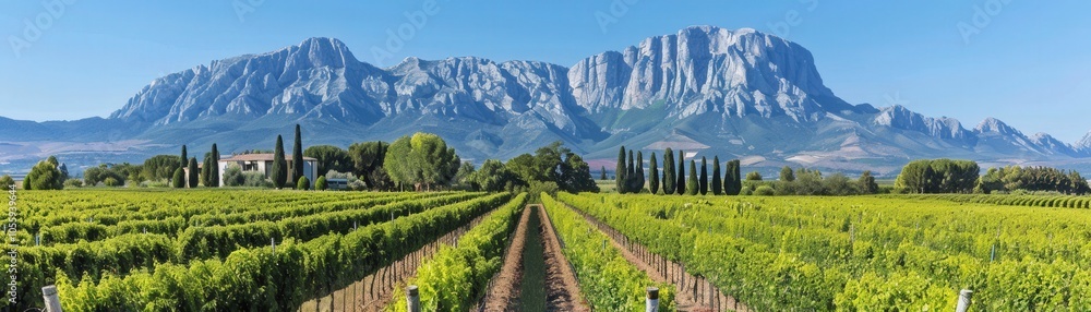 Fototapeta premium A beautiful mountain range with a vineyard in the foreground