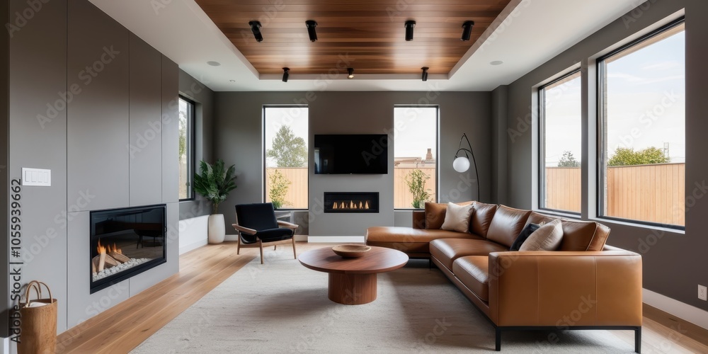 Modern minimalist living room, large windows with mountain view, leather sectional sofa, wood ceiling beams, gray walls, sleek fireplace, round coffee table, mid-century modern armchair, natural light Modern minimalist living room, large windows with mountain view, leather sectional sofa, wood ceiling beams, gray walls, sleek fireplace, round coffee table, mid-century modern armchair, natural light