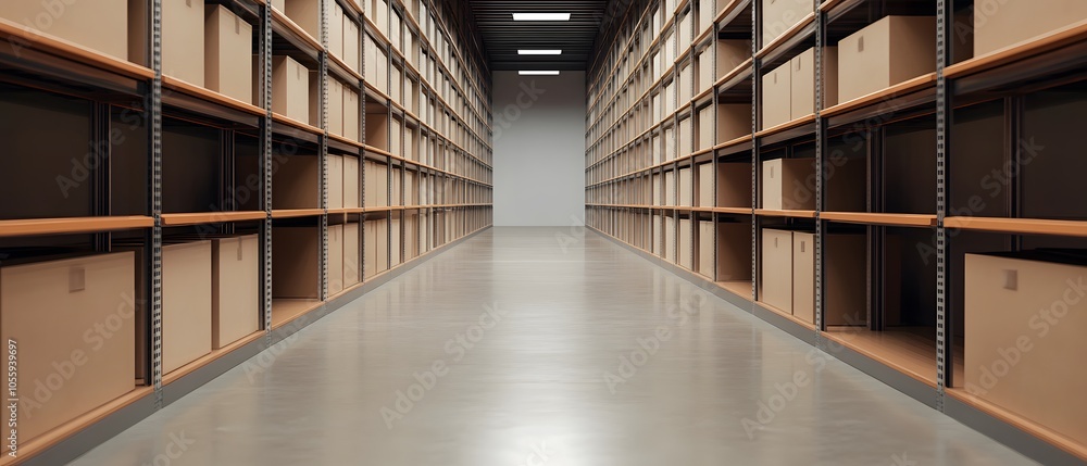 Empty Warehouse Aisle with Storage Boxes Empty Warehouse Aisle with Storage Boxes