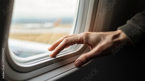 A close-up of a hand resting on an airplane window, looking out at the scenic landscape outside.