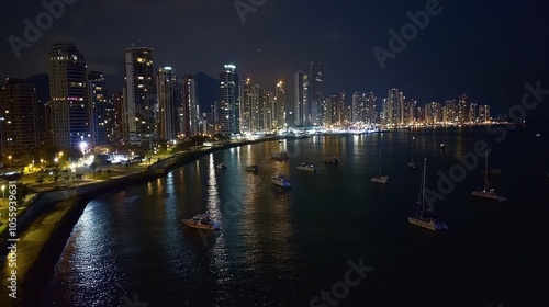 Nighttime cityscape with illuminated skyscrapers and boats on a calm bay