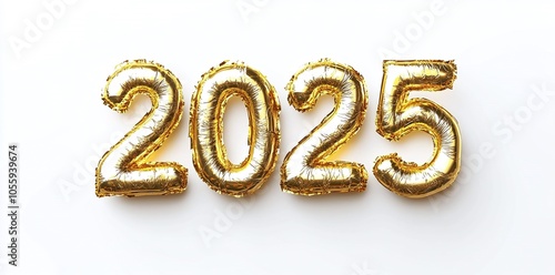 "2025" in 3D golden text on a crisp white background, perfect for New Year banners, animated designs, and abstract backgrounds. Ideal for t-shirts or stickers.