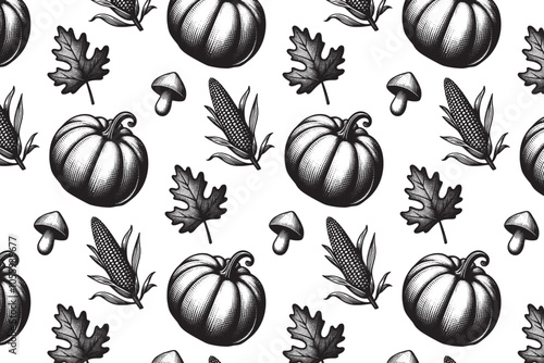 Autumn set, pattern.  Pumpkin, corn, mushroom, leaf. Vintage engraving hand drawn style. print for textile, beautiful autumn background. Black