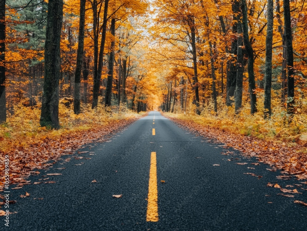 Fototapeta premium A serene road surrounded by vibrant autumn trees and fallen leaves, inviting peaceful exploration.